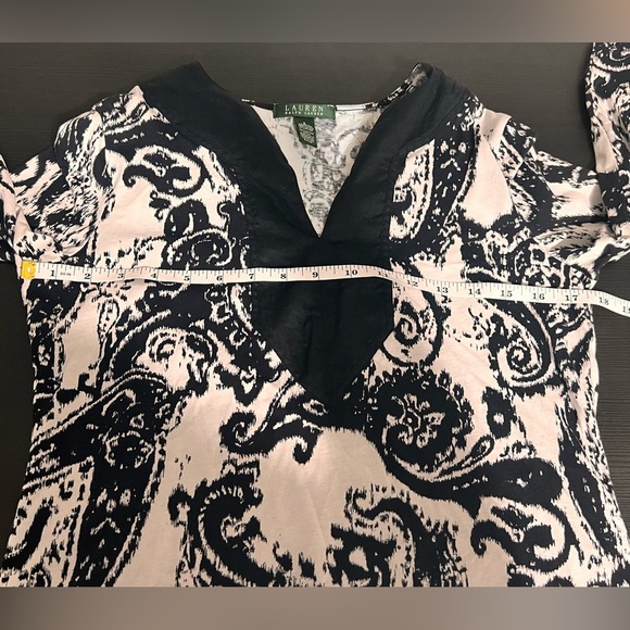 Lauren Ralph Lauren Shirt Womens Small Black White Paisley 3/4 Sleeve V-neck - Picture 3 of 7